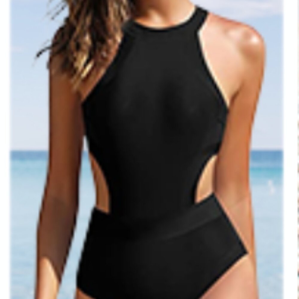 Holipick XXL Solid Black 1-Piece Cutout High Neck Tummy Control